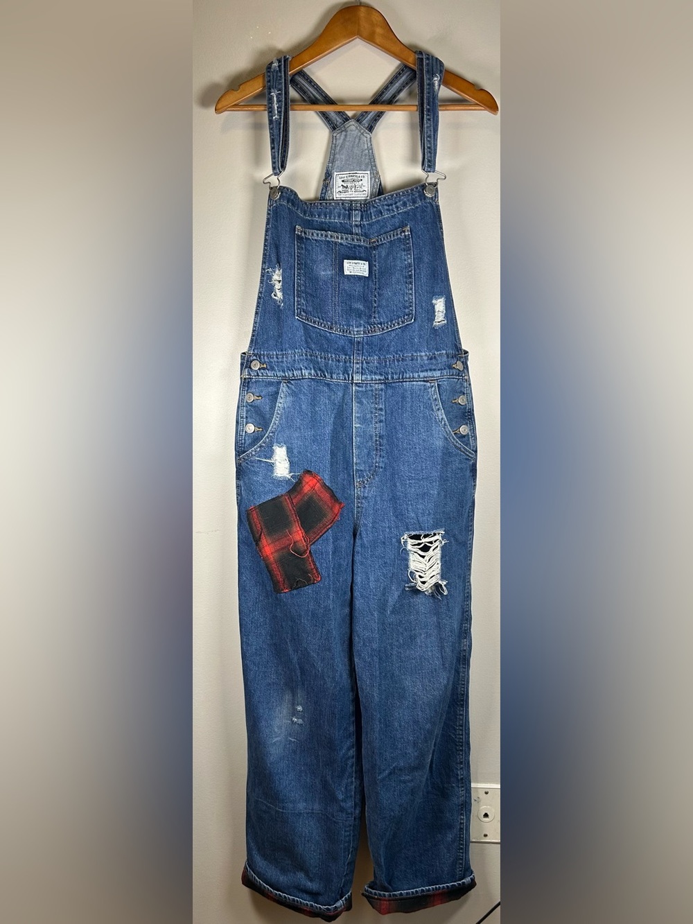 Levis Denim Jean Overalls Sz L Two Horse Brand Distressed Buffalo Plaid Patch